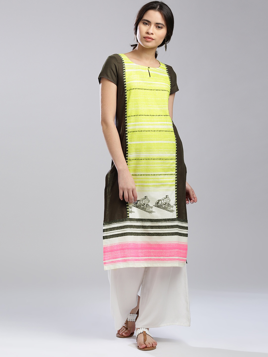 

W Women Green & Charcoal Grey Quirky Print Straight Kurta