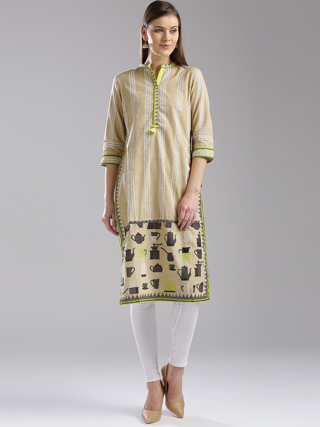 

W Women Beige & Off-White Quirky Print Straight Kurta