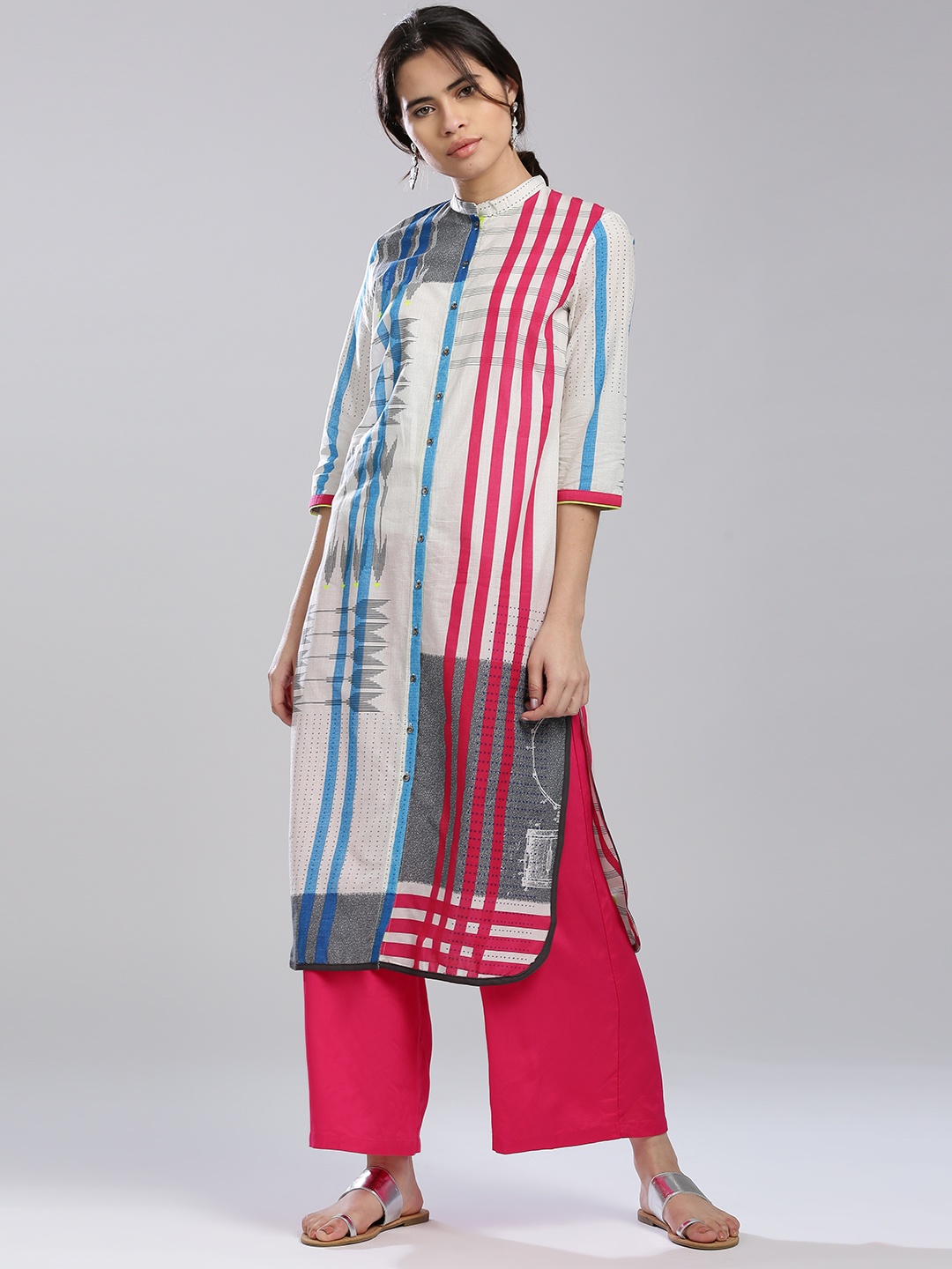 

W Women Off-White & Pink Striped Straight Kurta