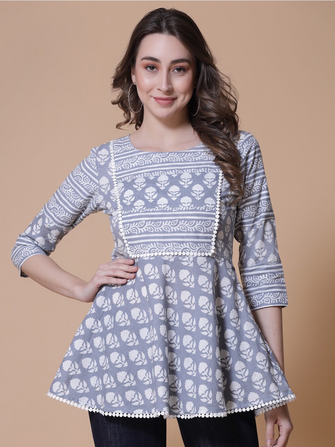 

God Bless Ethnic Motifs Printed Round Neck Lace Inserts Cotton Regular Top, Grey