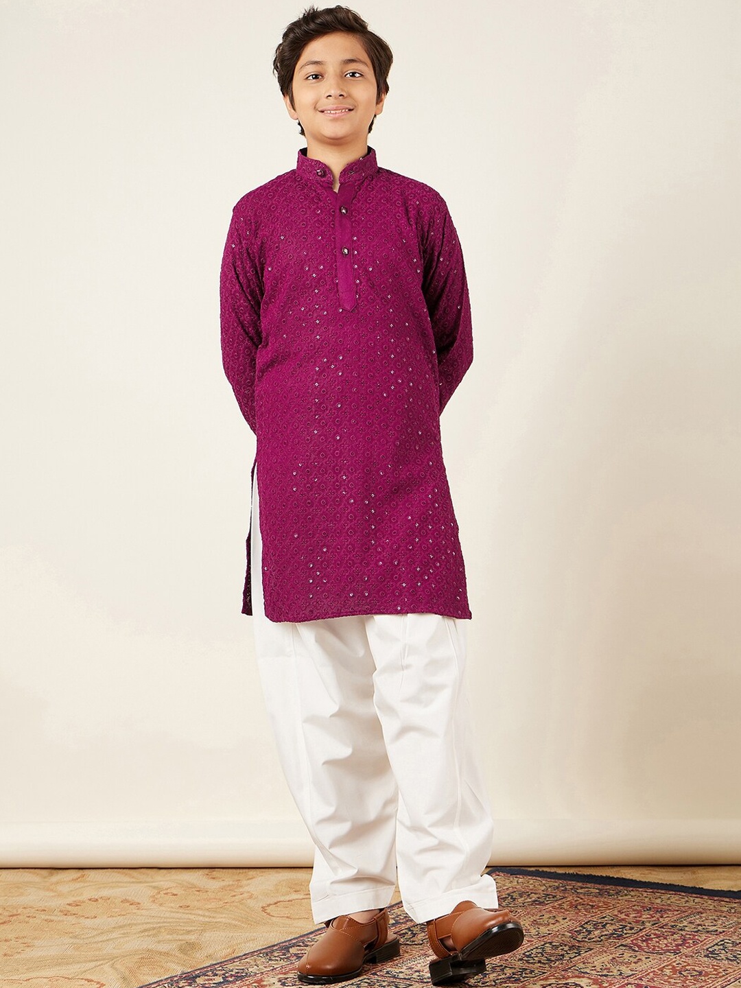 

Aj DEZInES Boys Sequined Embroidered Regular Pure Cotton Kurta with Salwar, Purple