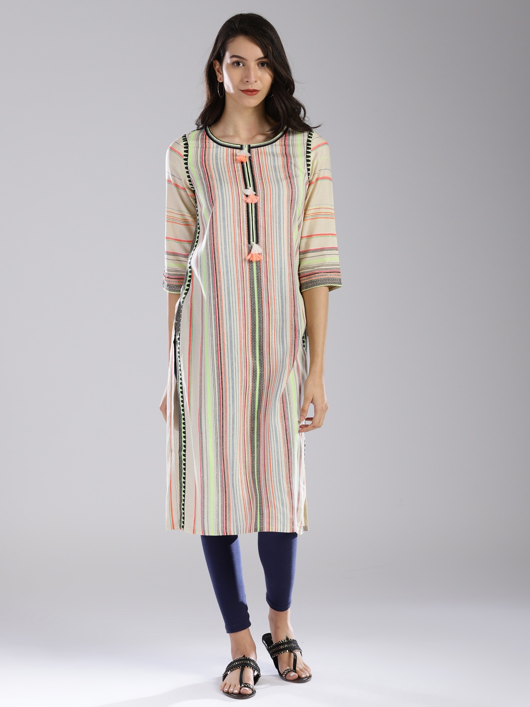 

W Women Multicoloured Striped Straight Kurta, Multi