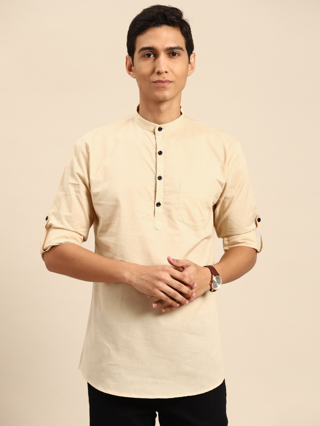 

RAJUBHAI HARGOVINDAS Men Mandarin Collar Roll-Up Sleeves Pure Cotton Kurta, Beige