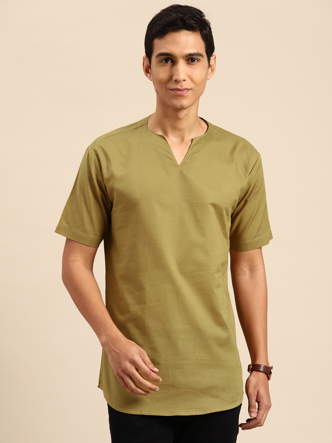 

RAJUBHAI HARGOVINDAS Men Pure Cotton Kurta, Olive