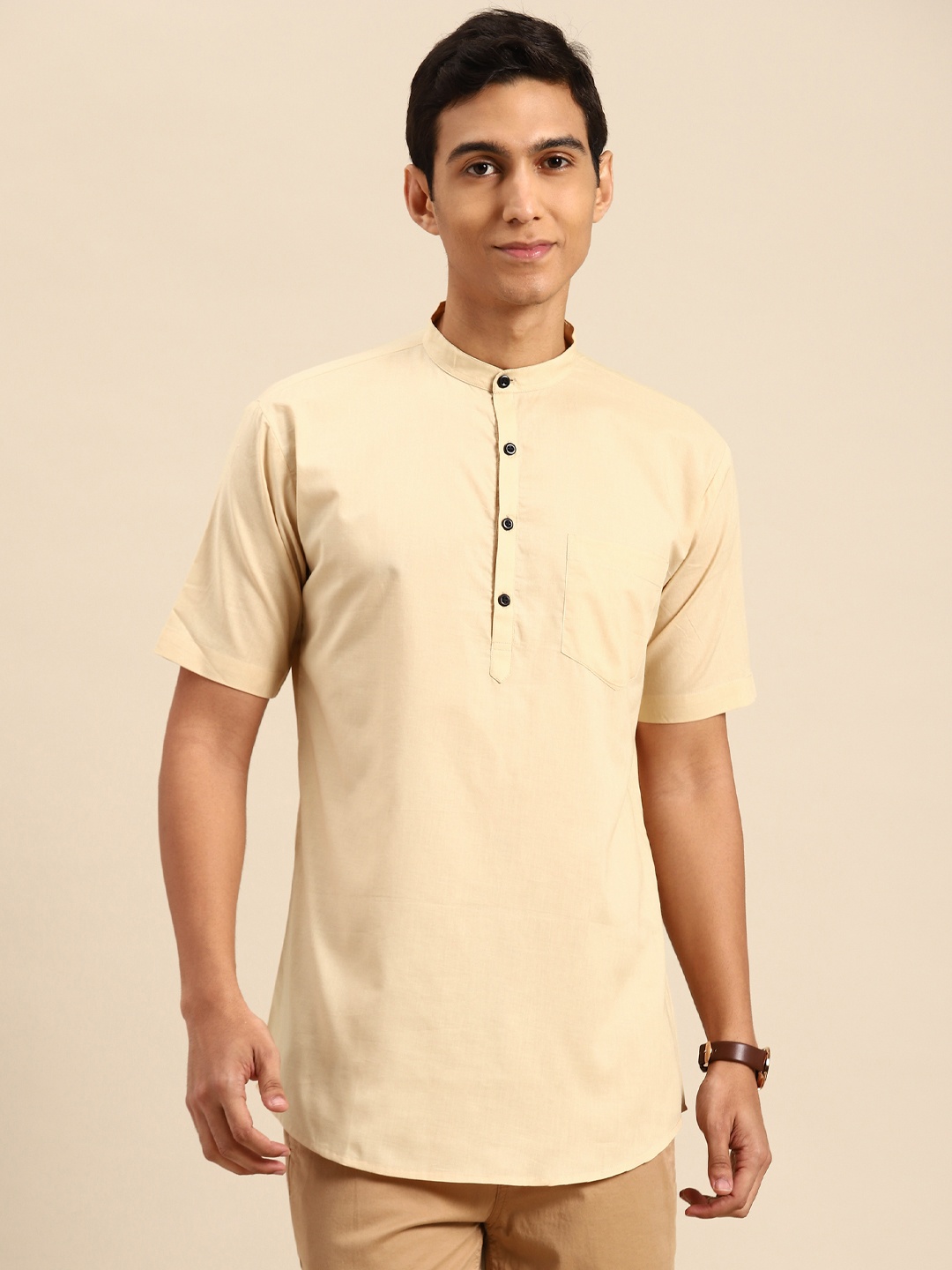 

RAJUBHAI HARGOVINDAS Men Mandarin Collar Pure Cotton Kurta, Beige