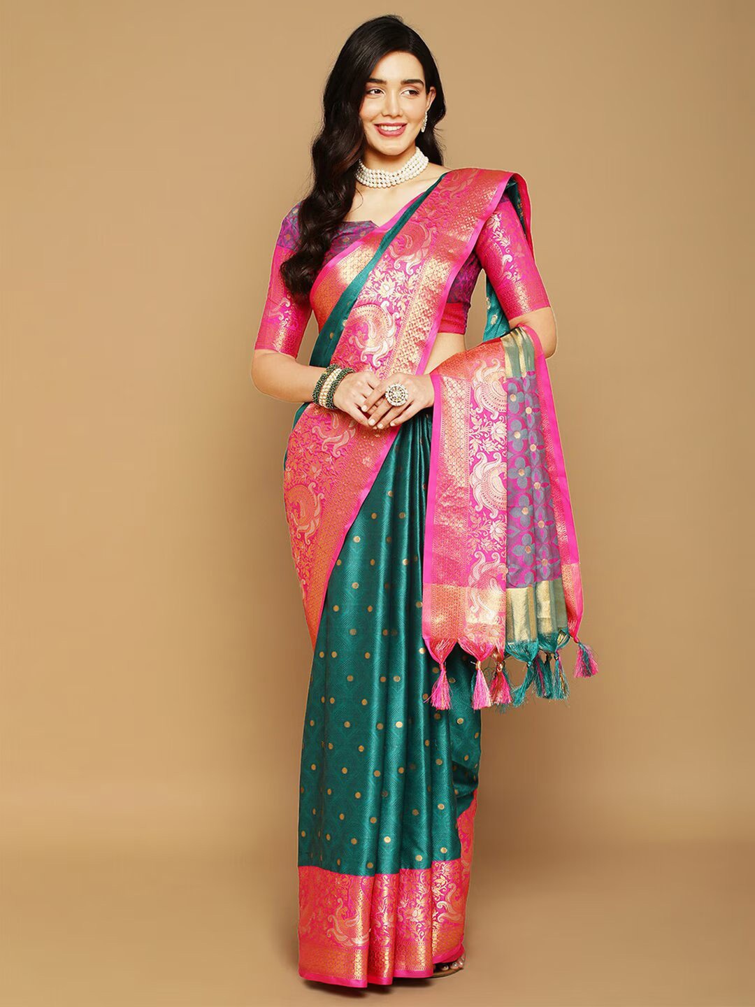 

KALINI Ethnic Motifs Woven Design Zari Silk Cotton Ikat Saree, Green