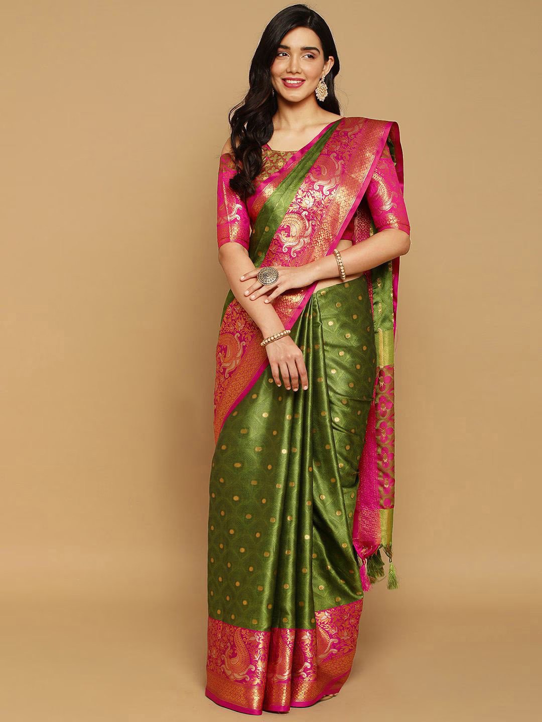 

KALINI Ethnic Motifs Woven Design Zari Silk Cotton Ikat Saree, Sea green