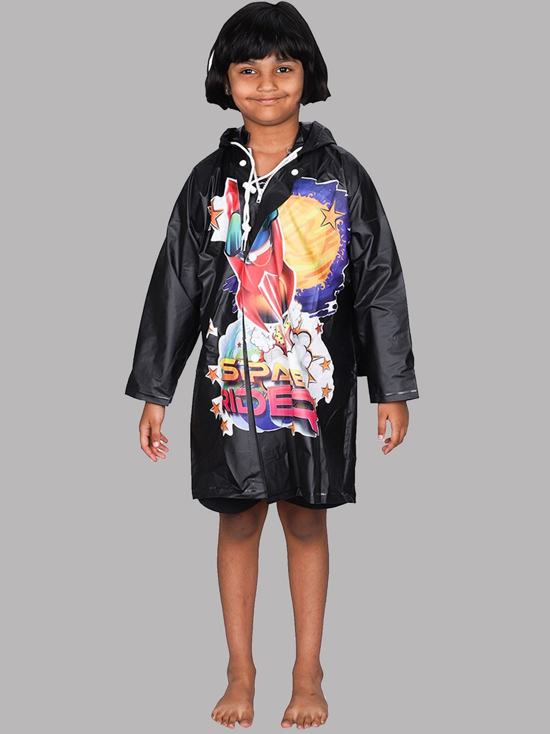 

THE CLOWNFISH Toon Caper Printed Adjustable Hood Rain Jacket, Black
