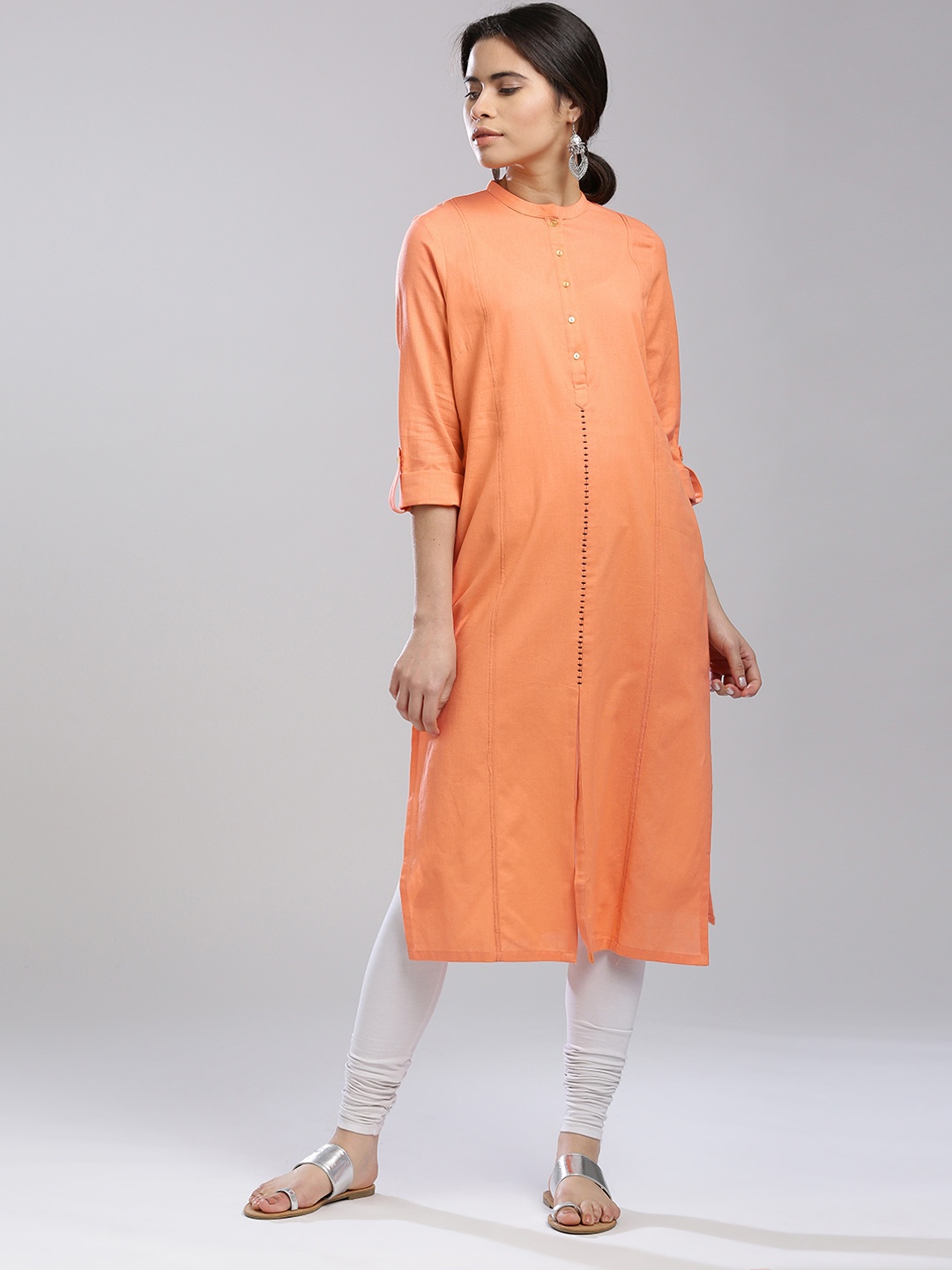 

W Women Orange Solid Straight Kurta