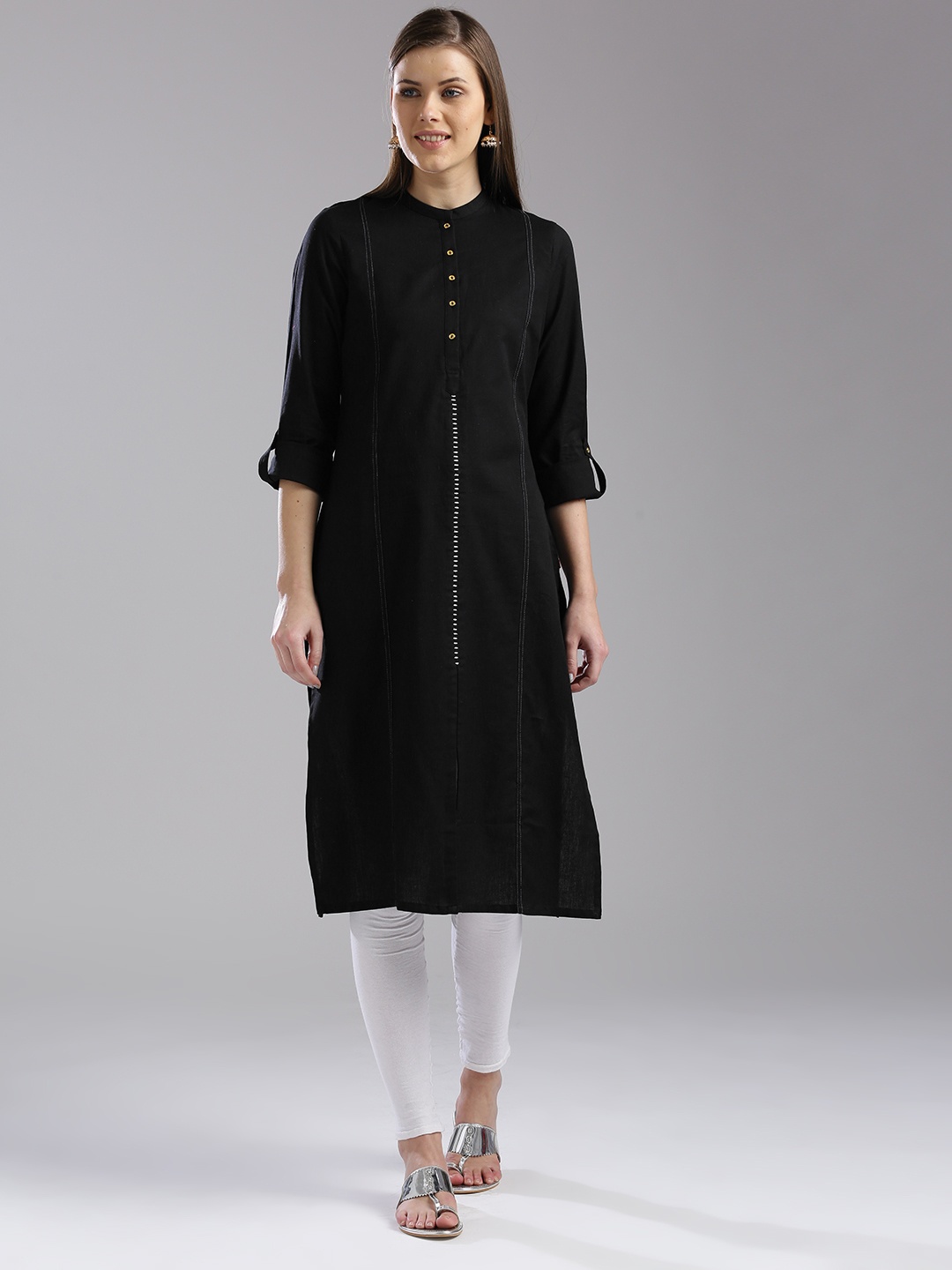

W Women Black Solid Straight Kurta
