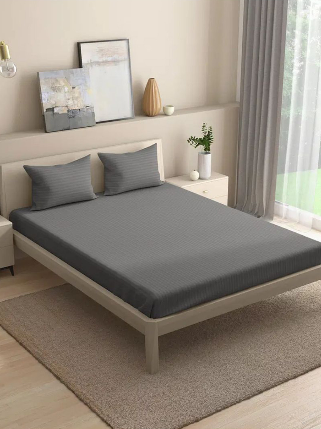 

wakefit Grey Melange Striped 210 TC Fitted Cotton King Bedsheet With 2 Pillow Covers