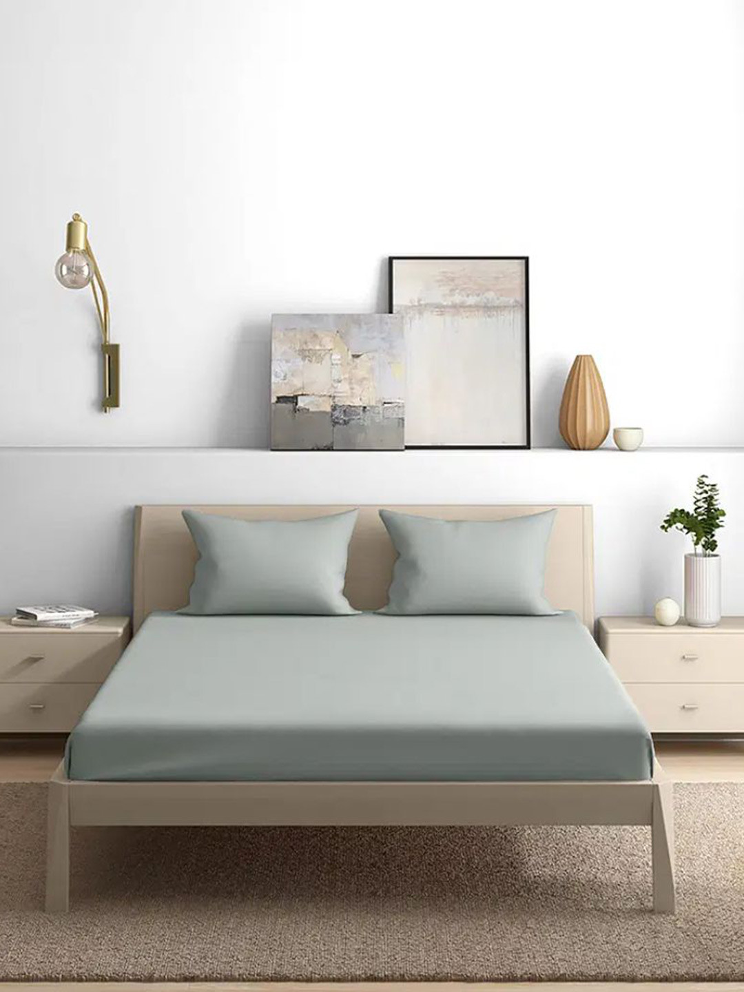 

wakefit Grey 300 TC Fitted Cotton Queen Bedsheet With 2 Pillow Covers