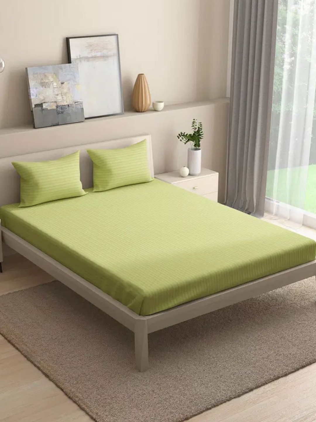 

wakefit Olive Green 210 TC Cotton Fitted King Bedsheet & 2 Pillow Covers