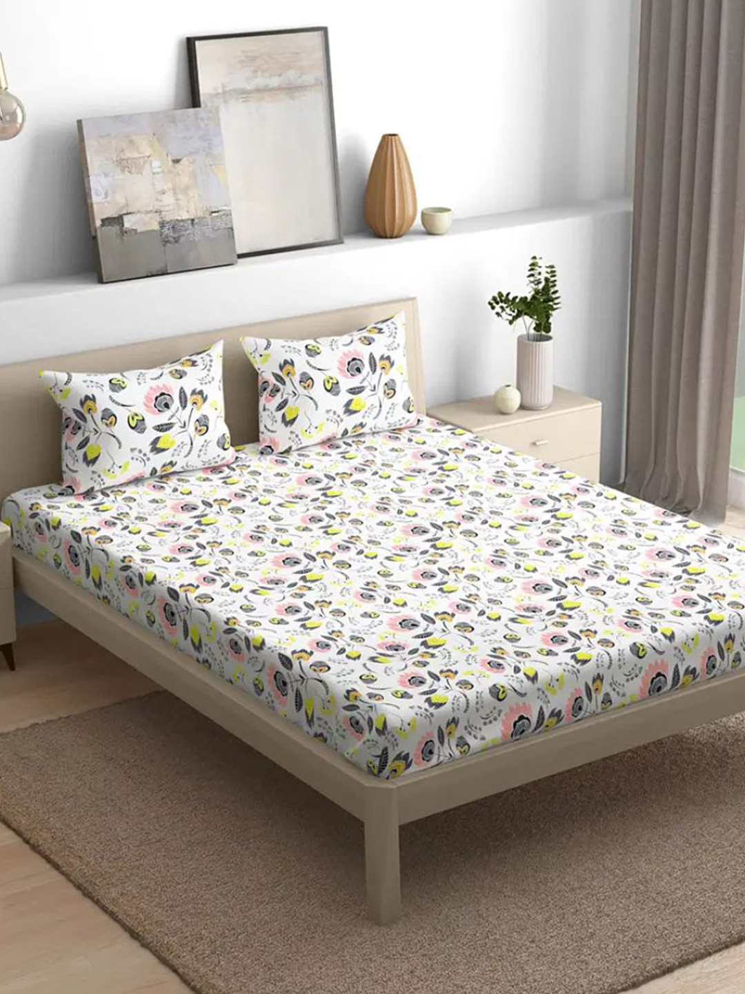 

wakefit Rosa White & Yellow Floral 200 TC Fitted Queen Bedsheet & 2 Pillow Covers