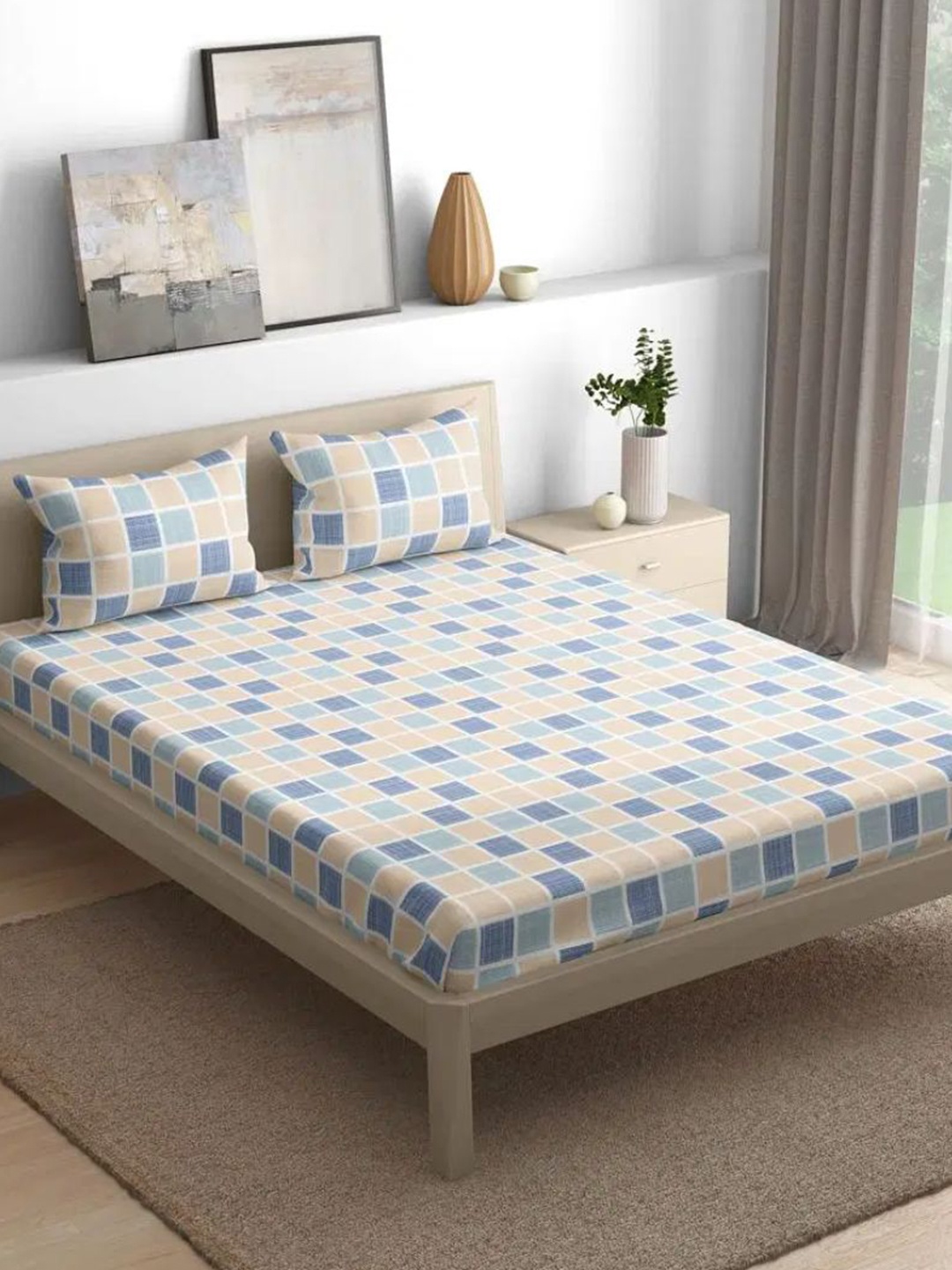 

wakefit White & Blue Geometric 144 TC Fitted Cotton King Bedsheet & 2 Pillow Covers