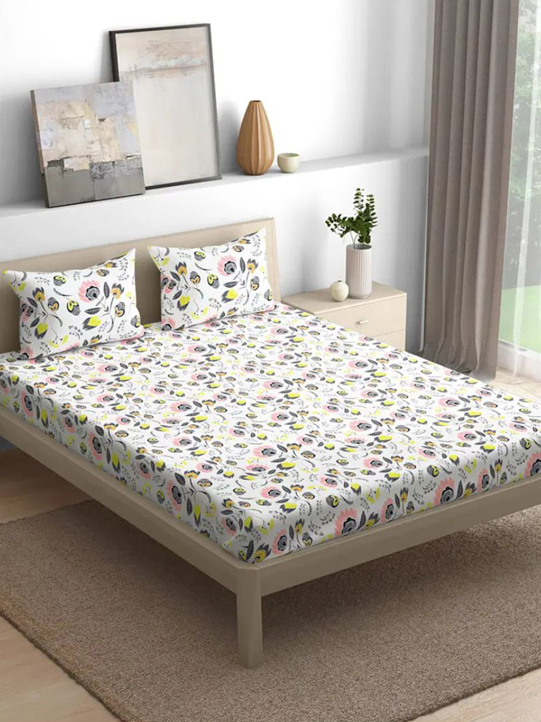 

wakefit White & Blue Floral Cotton 200 TC King Bedsheet With 2 Pillow Covers