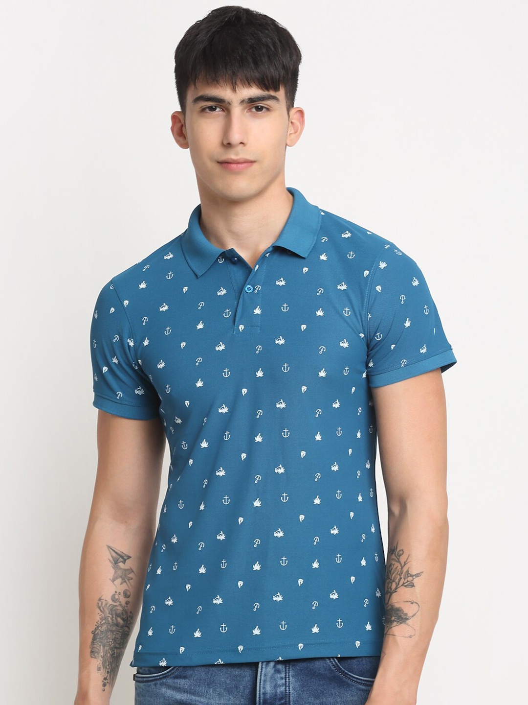 

FRENCH FLEXIOUS Men Printed Cotton Polo Collar T-shirt, Teal