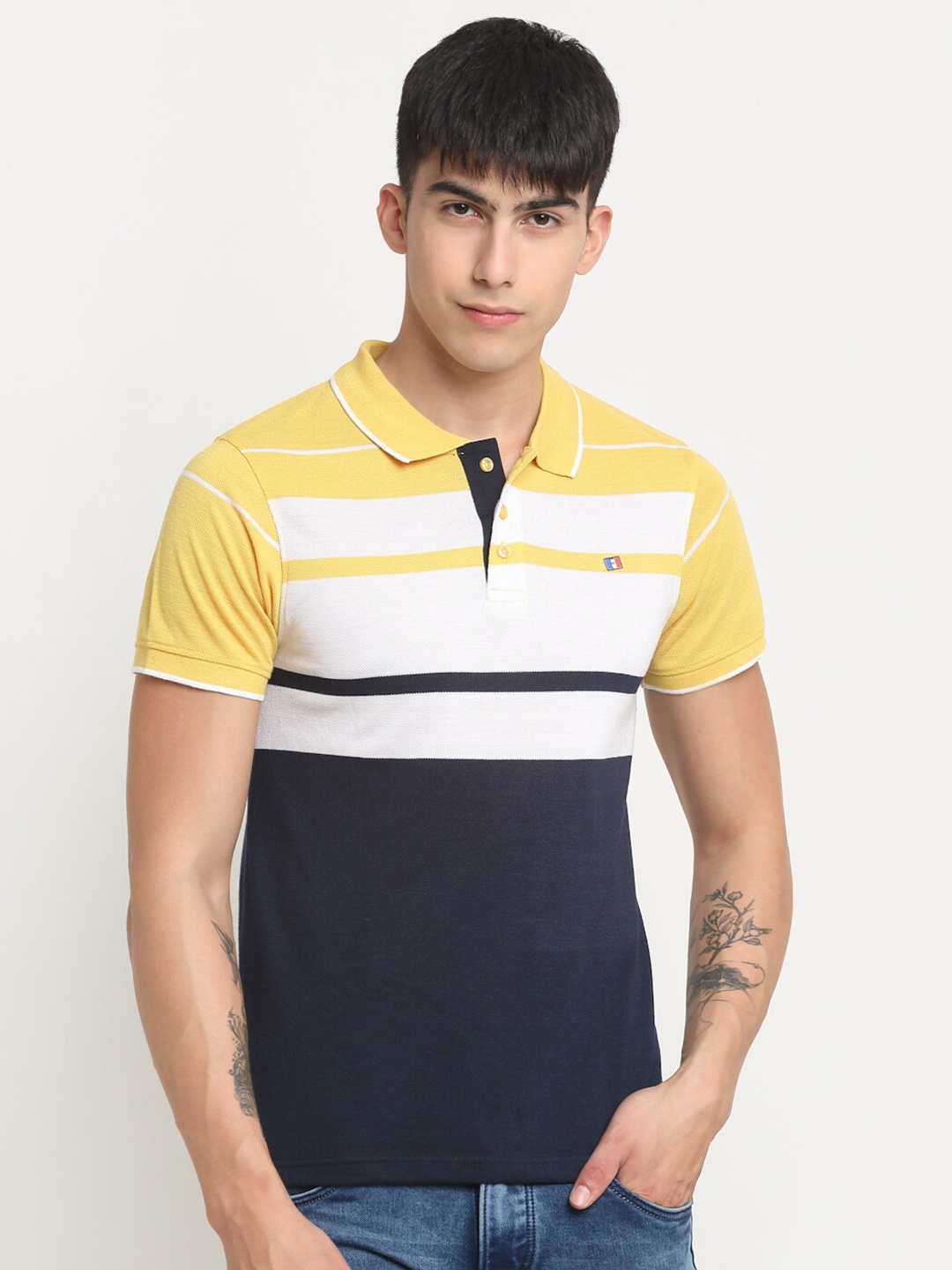 

FRENCH FLEXIOUS Men Striped Cotton Polo Collar T-shirt, Yellow