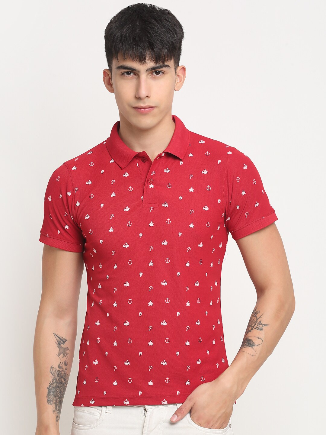 

FRENCH FLEXIOUS Men Printed Cotton Polo Collar T-shirt, Red