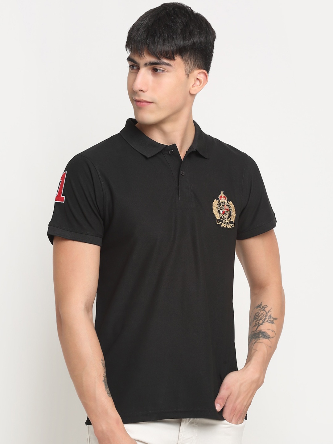 

FRENCH FLEXIOUS Men Cotton Polo Collar T-shirt, Black