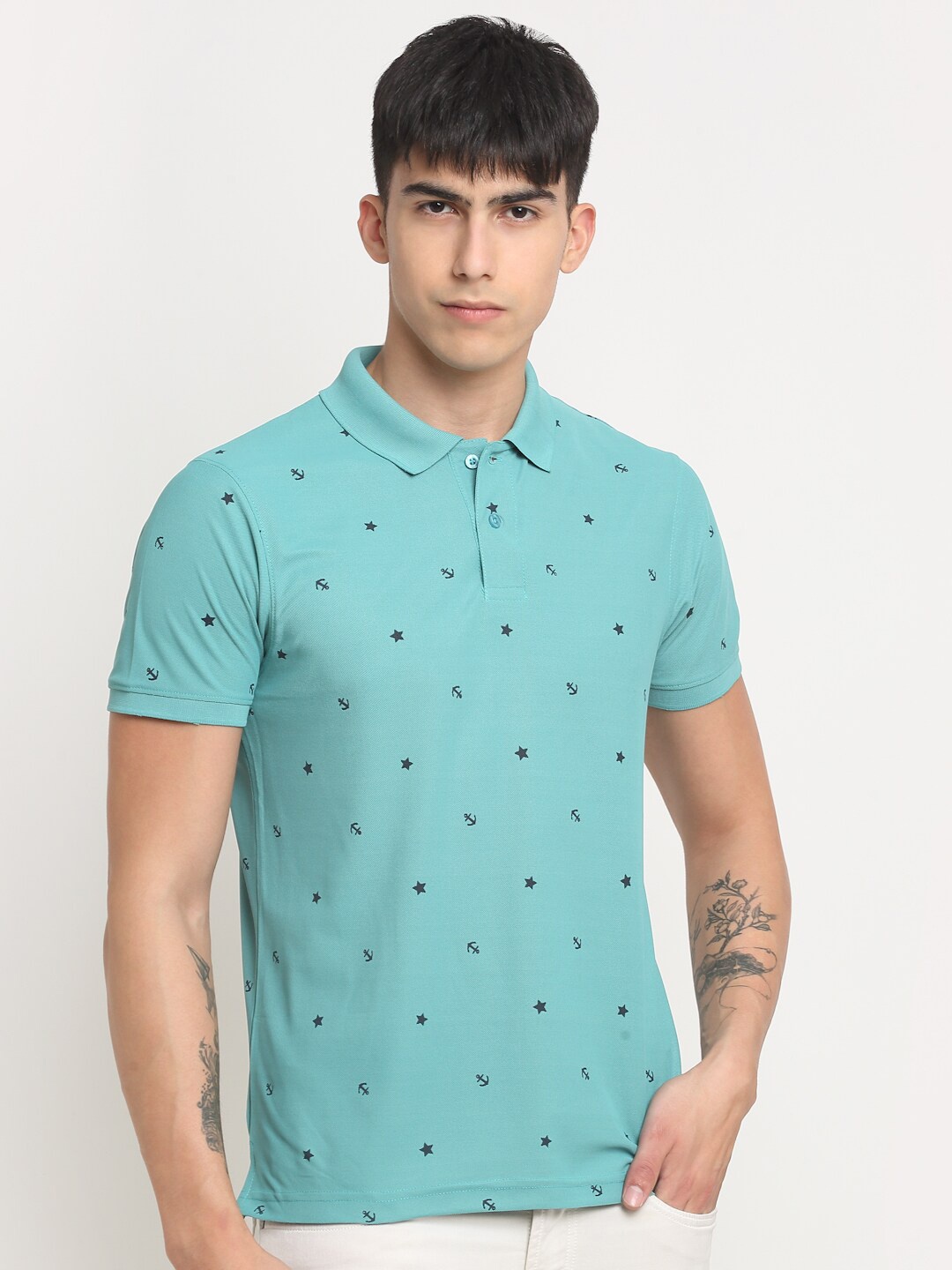 

FRENCH FLEXIOUS Men Graphic Printed Cotton Polo Collar T-shirt, Turquoise blue
