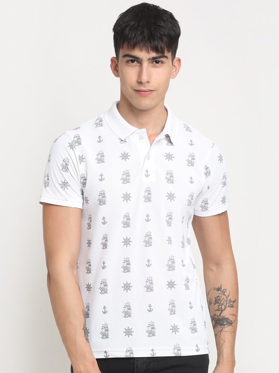 

FRENCH FLEXIOUS Men Printed Cotton Polo Collar T-shirt, White