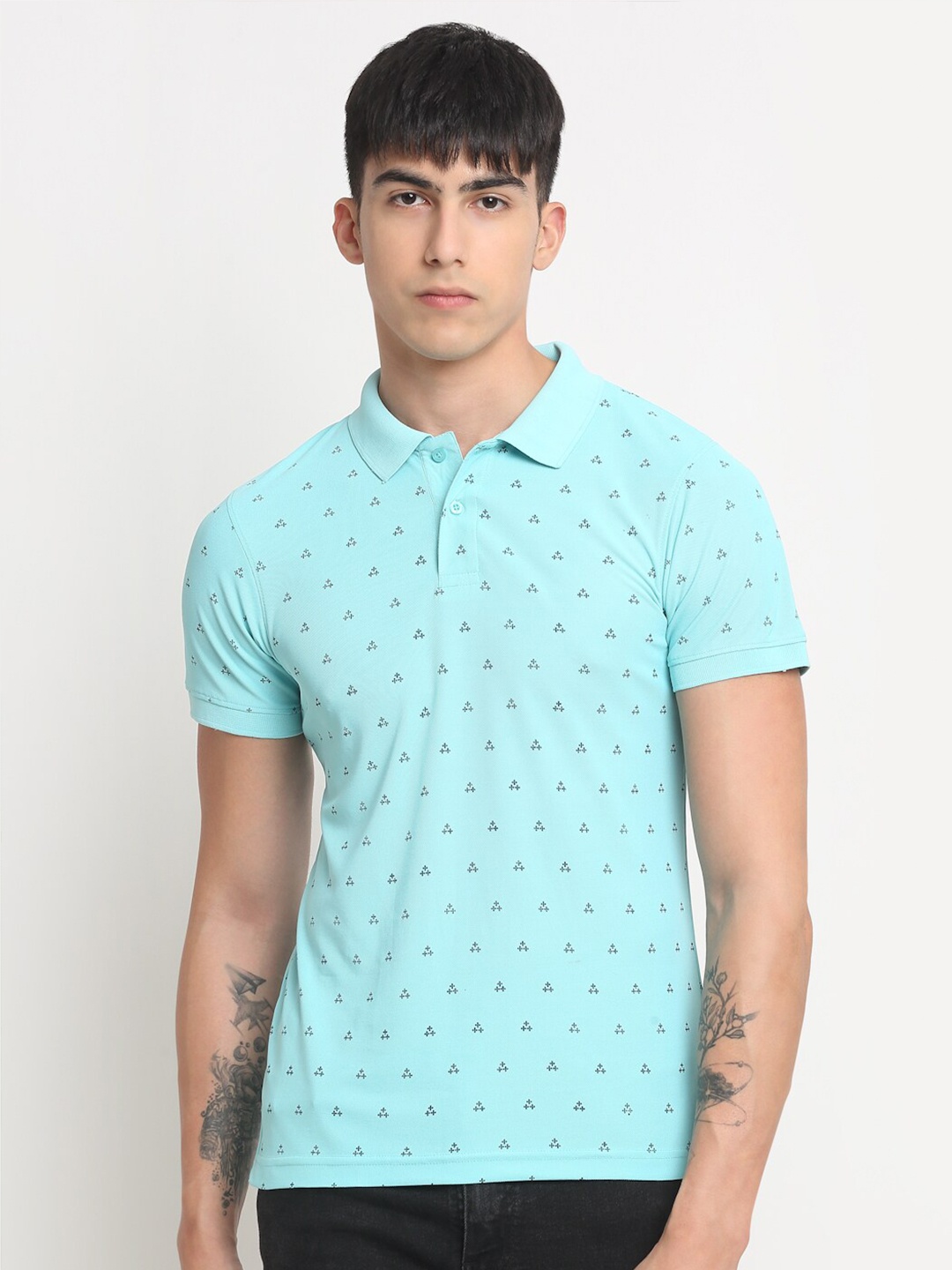 

FRENCH FLEXIOUS Conversational Printed Polo Collar T-shirt, Turquoise blue