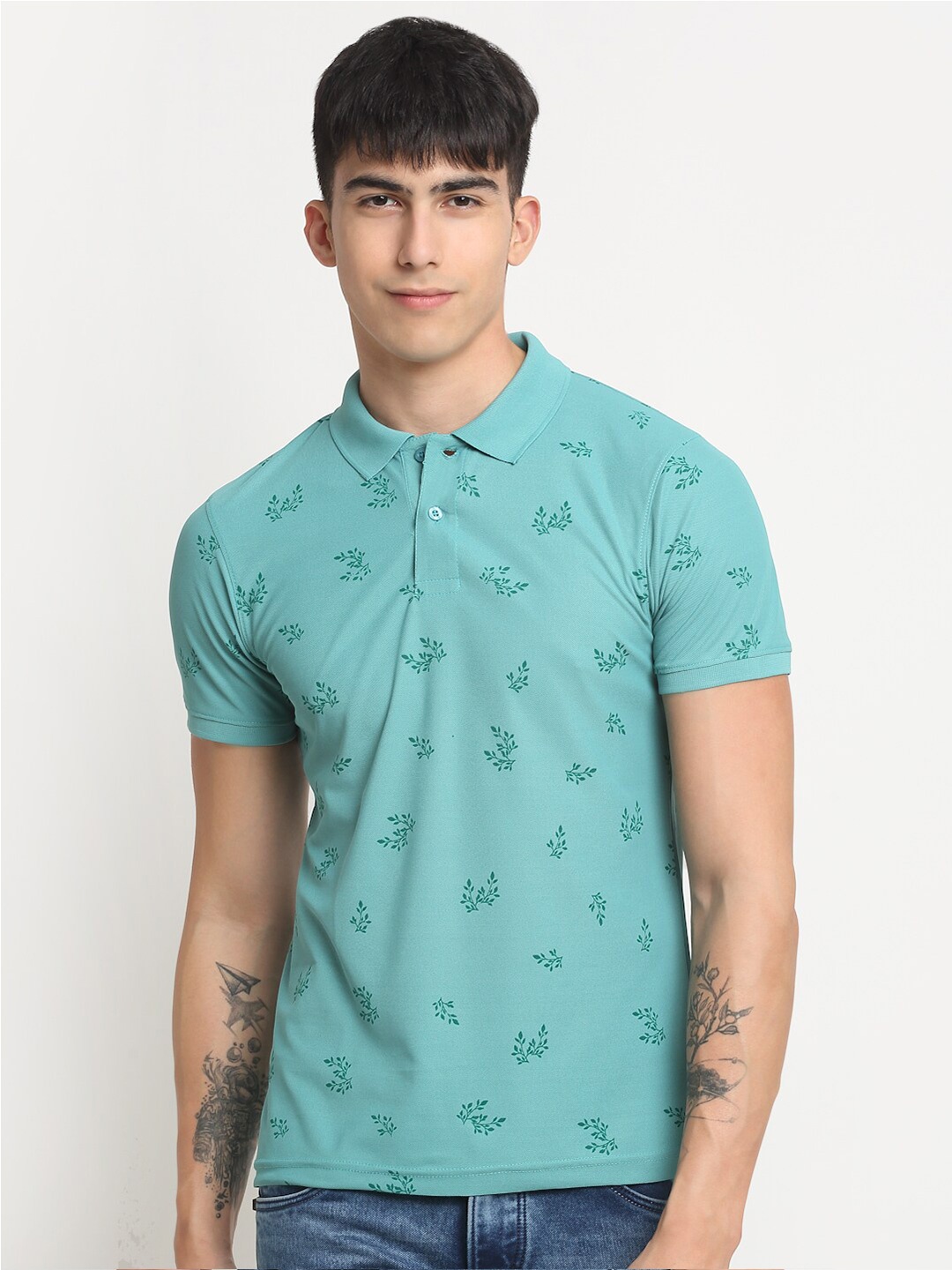 

FRENCH FLEXIOUS Floral Printed Polo Collar T-shirt, Turquoise blue