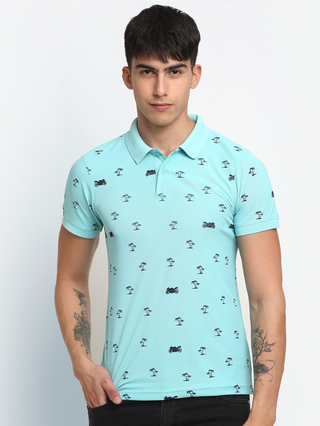 

FRENCH FLEXIOUS Conversational Printed Polo Collar T-shirt, Turquoise blue