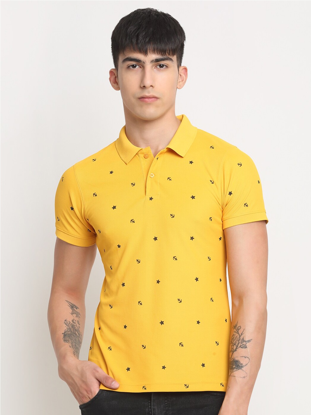 

FRENCH FLEXIOUS Conversational Printed Polo Collar Cotton T-Shirt, Yellow