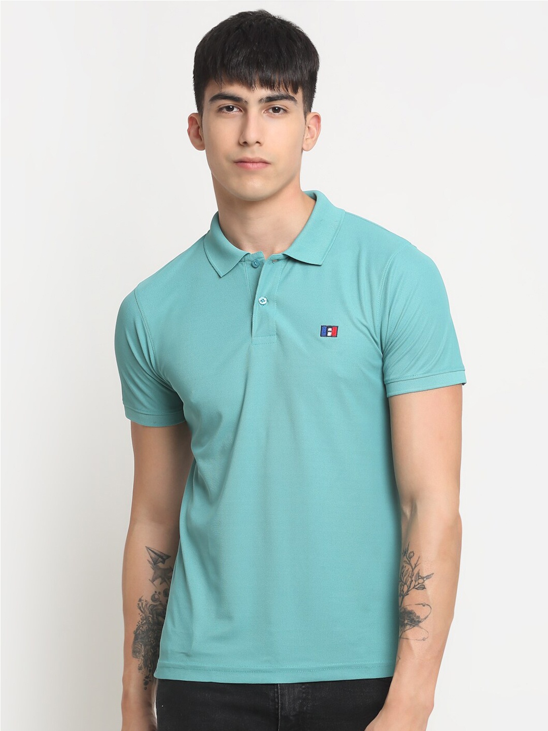 

FRENCH FLEXIOUS Polo Collar Cotton T-Shirt, Turquoise blue