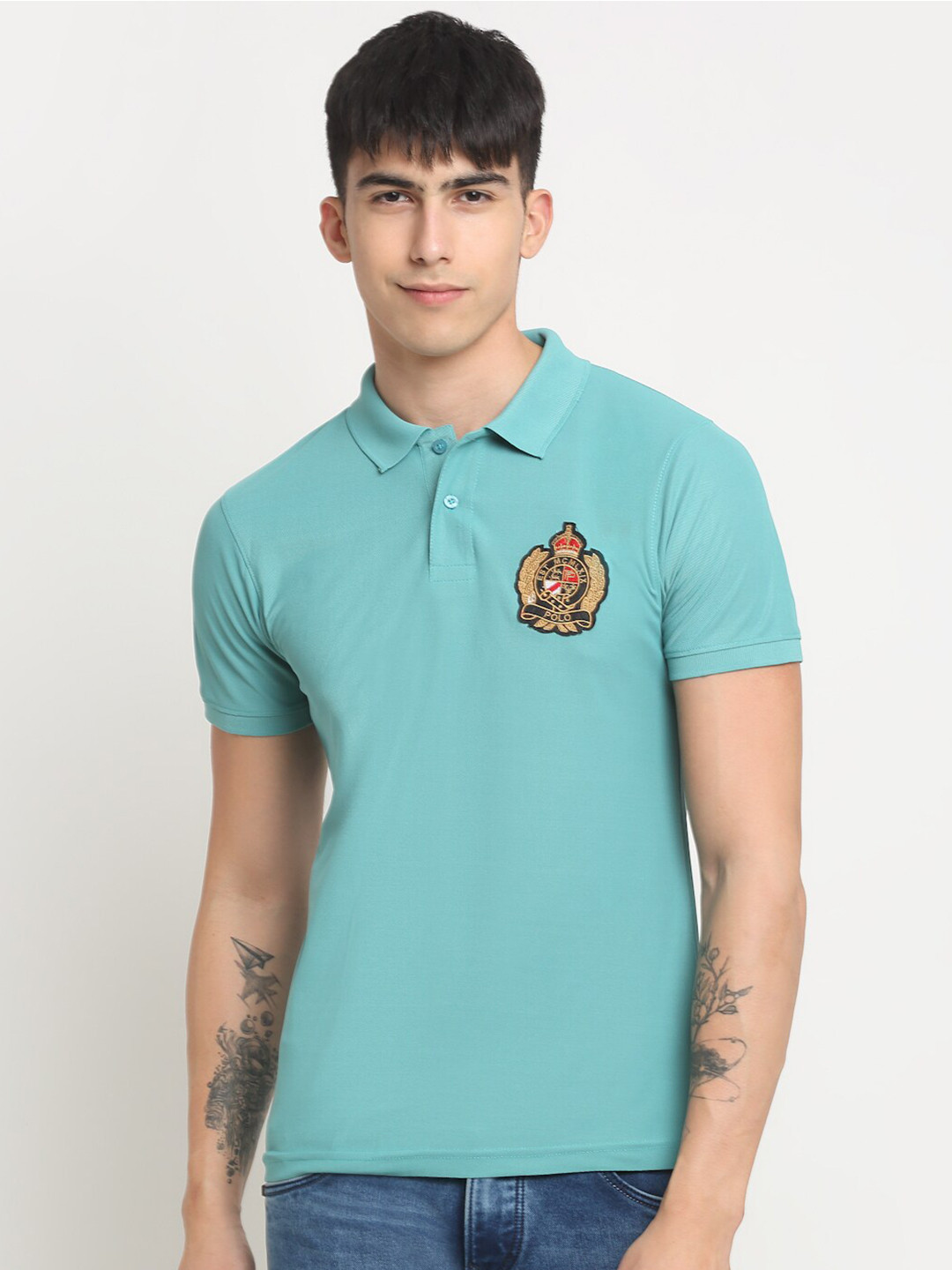 

FRENCH FLEXIOUS Polo Collar Short Sleeves T-shirt, Turquoise blue
