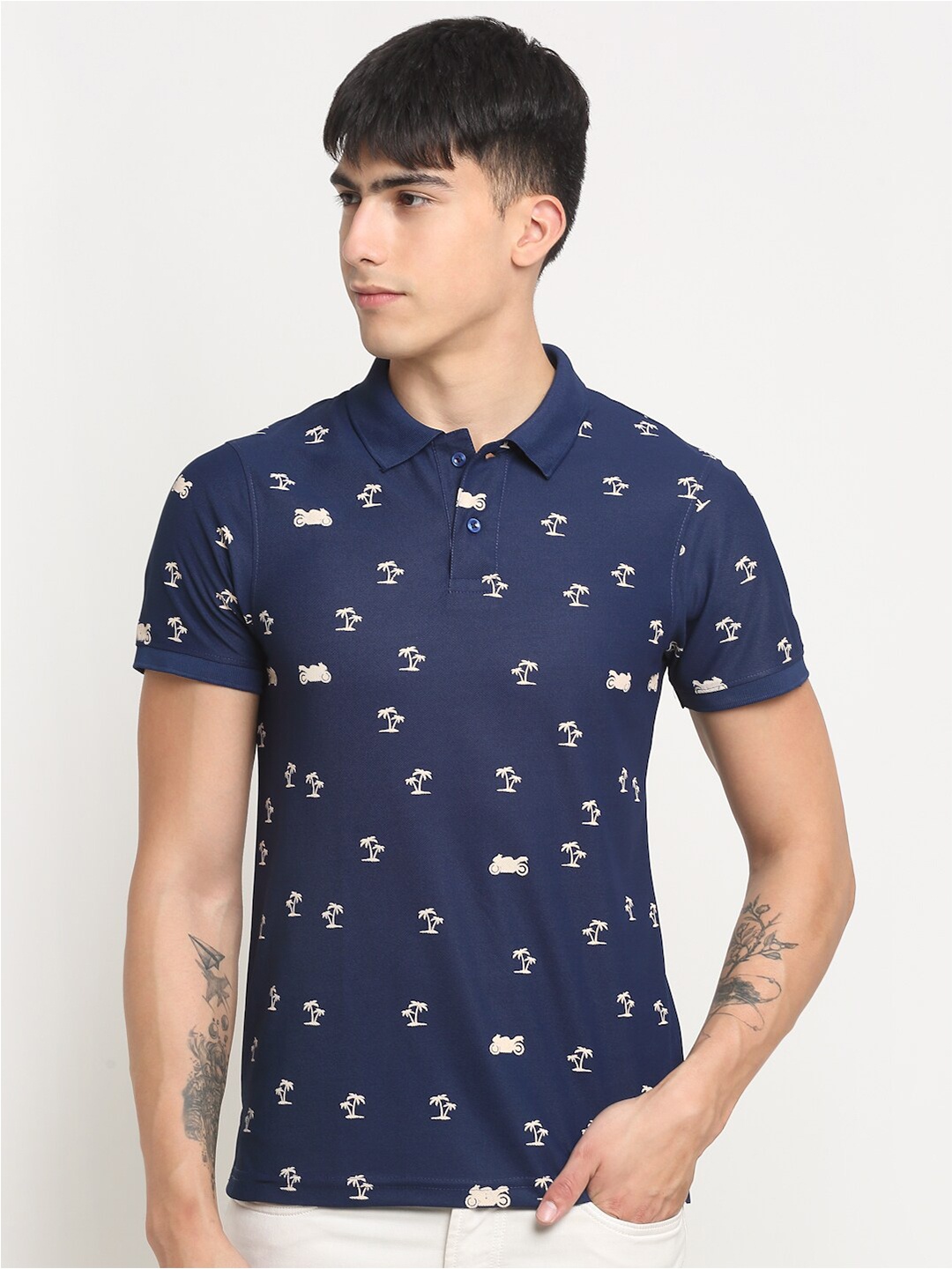 

FRENCH FLEXIOUS Printed Polo Collar Short Sleeves T-shirt, Navy blue