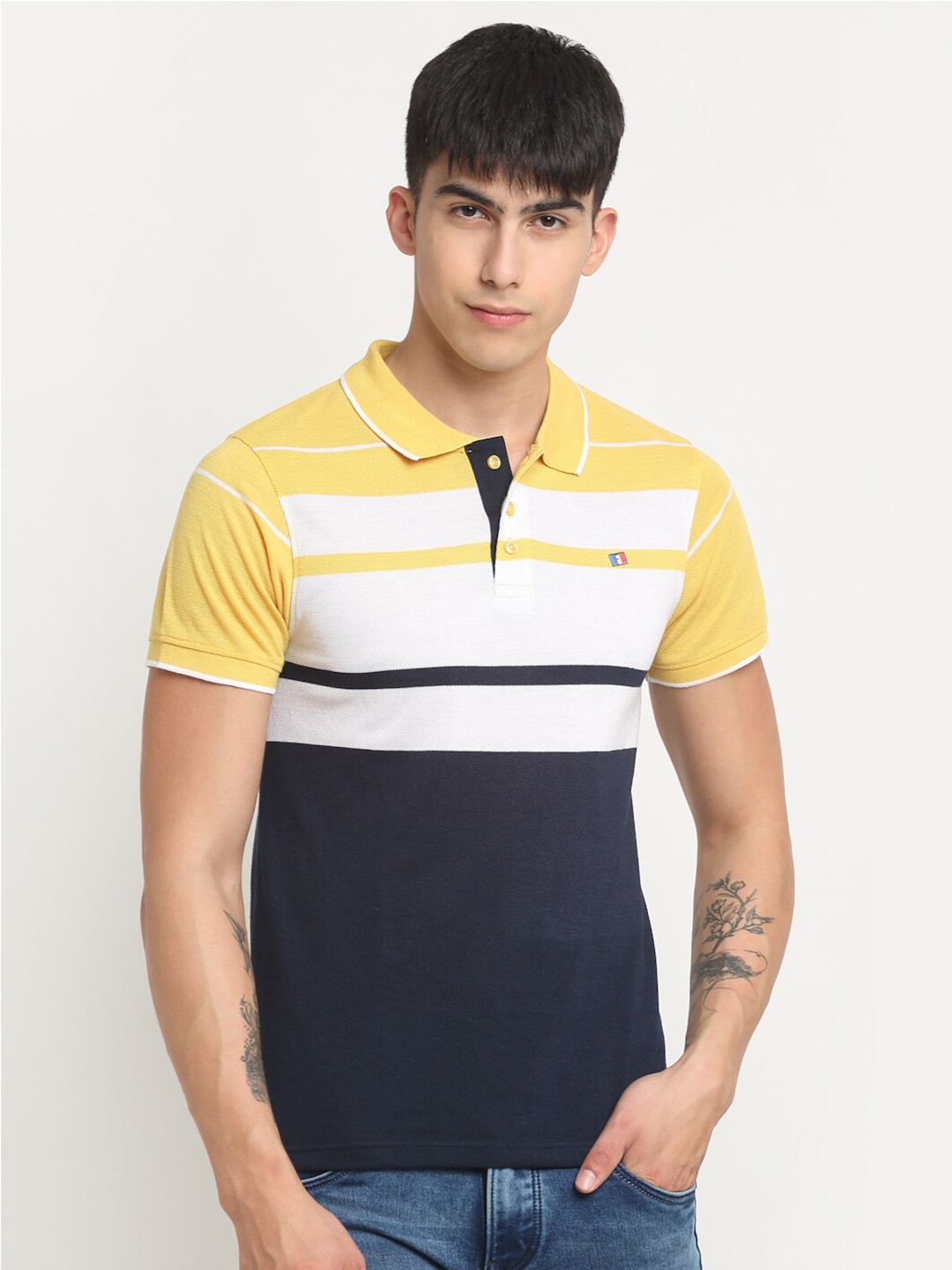 

FRENCH FLEXIOUS Colourblocked Polo Collar Short Sleeves T-shirt, Yellow