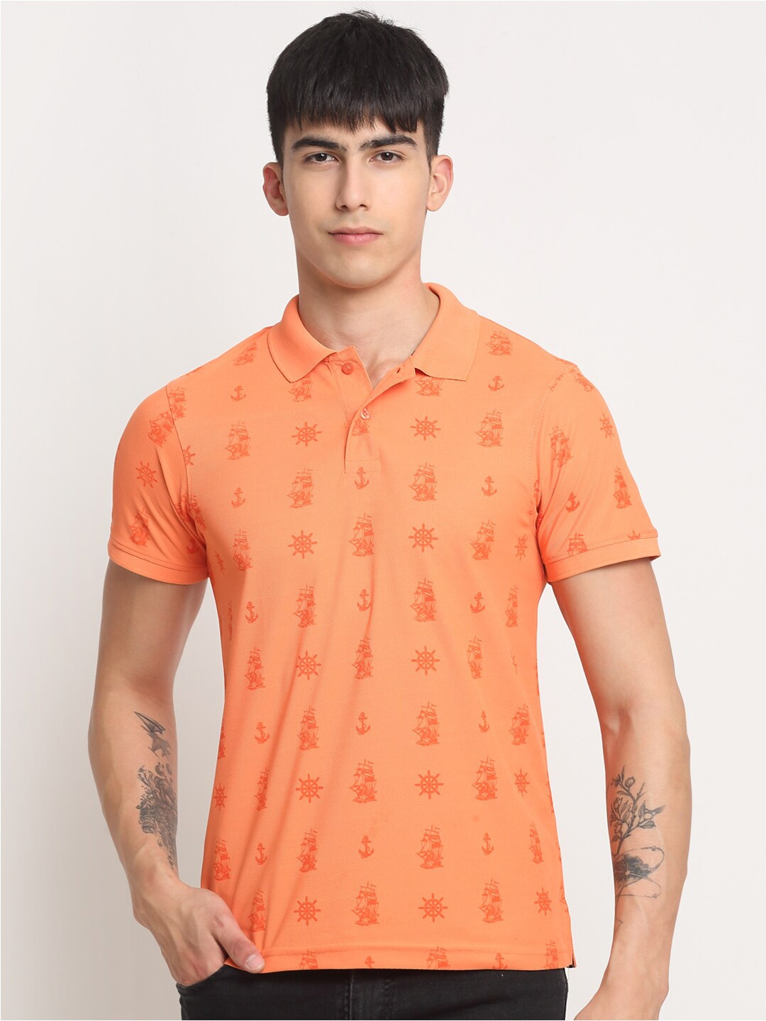 

FRENCH FLEXIOUS Conversational Printed Polo Collar Cotton T-shirt, Coral