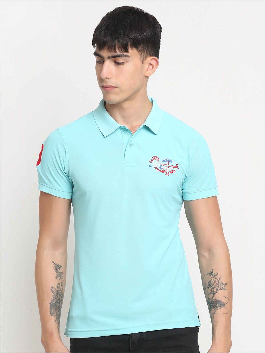 

FRENCH FLEXIOUS Polo Collar Cotton T-shirt, Turquoise blue