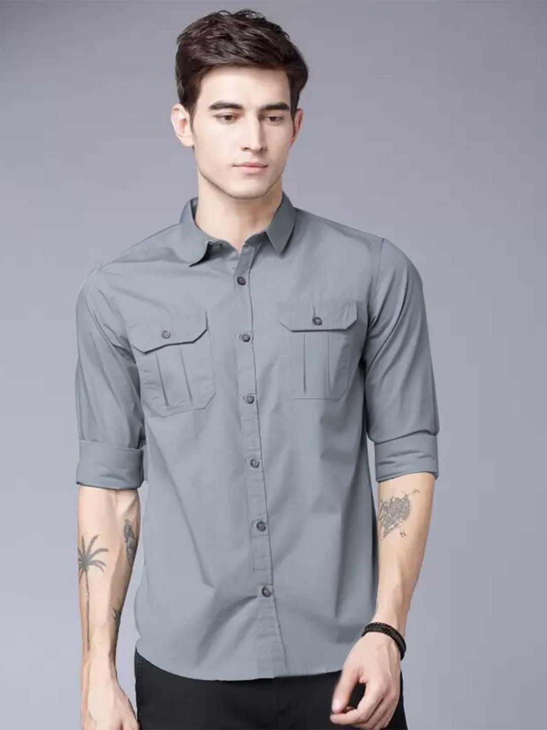 

PLUS 91 Cotton Sport Opaque Casual Shirt, Grey