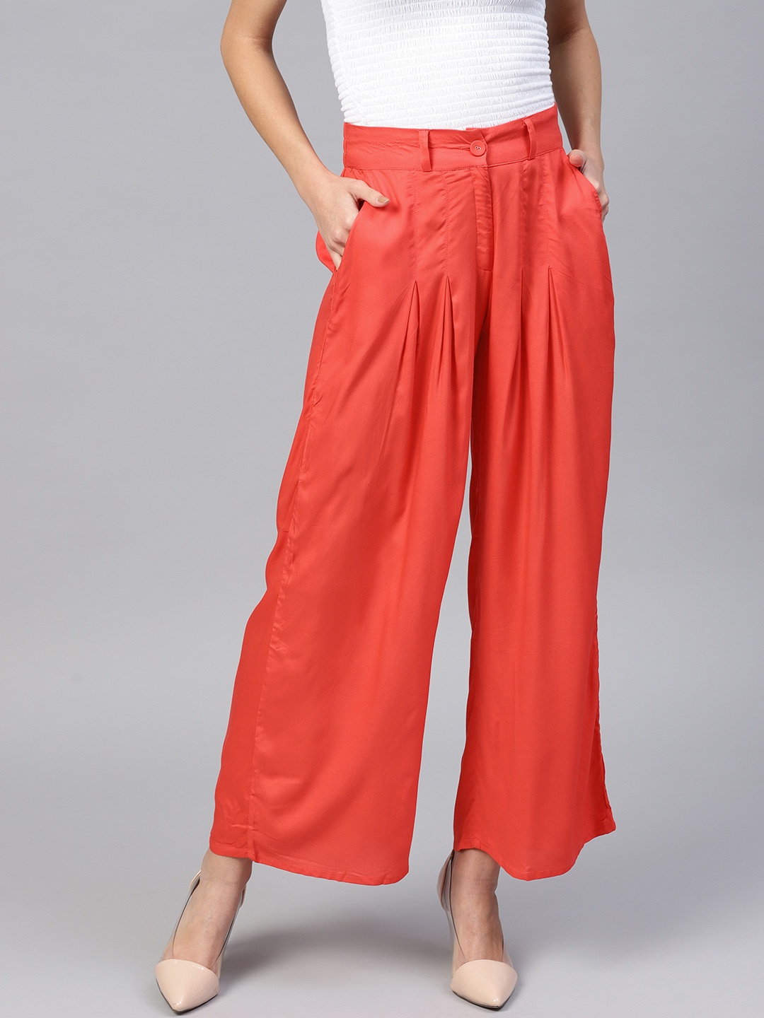 

W Women Coral Red Solid Wide Leg Palazzos