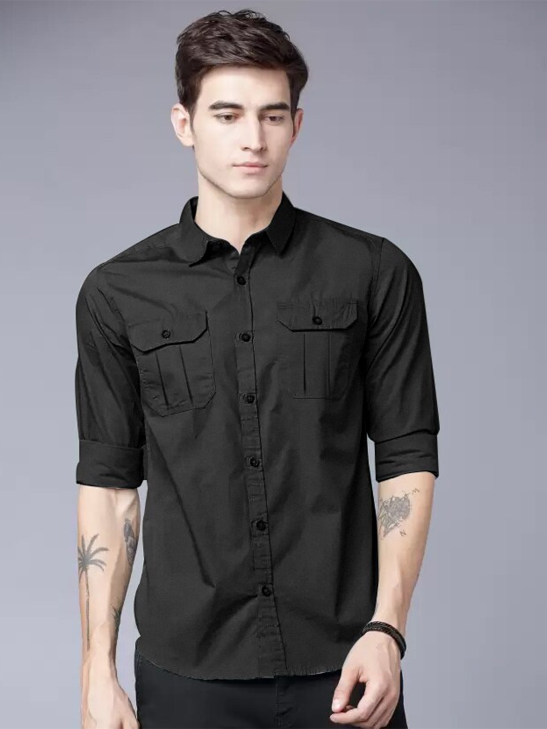 

PLUS 91 Sport Spread Collar Cotton Casual Shirt, Black