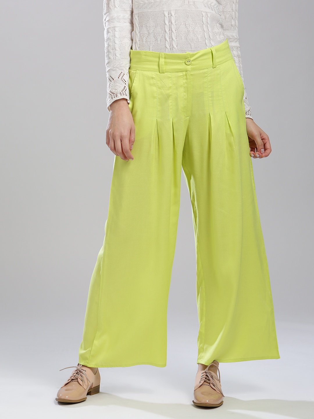 

W Women Lime Green Solid Wide Leg Palazzos with Pleats