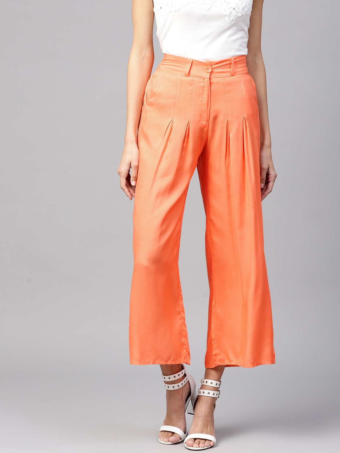 

W Women Coral Orange Solid Wide Leg Palazzos, Pink