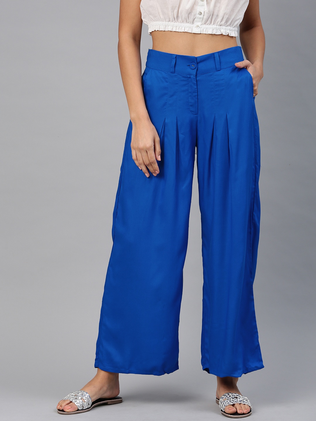 

W Women Blue Solid Wide Leg Palazzos