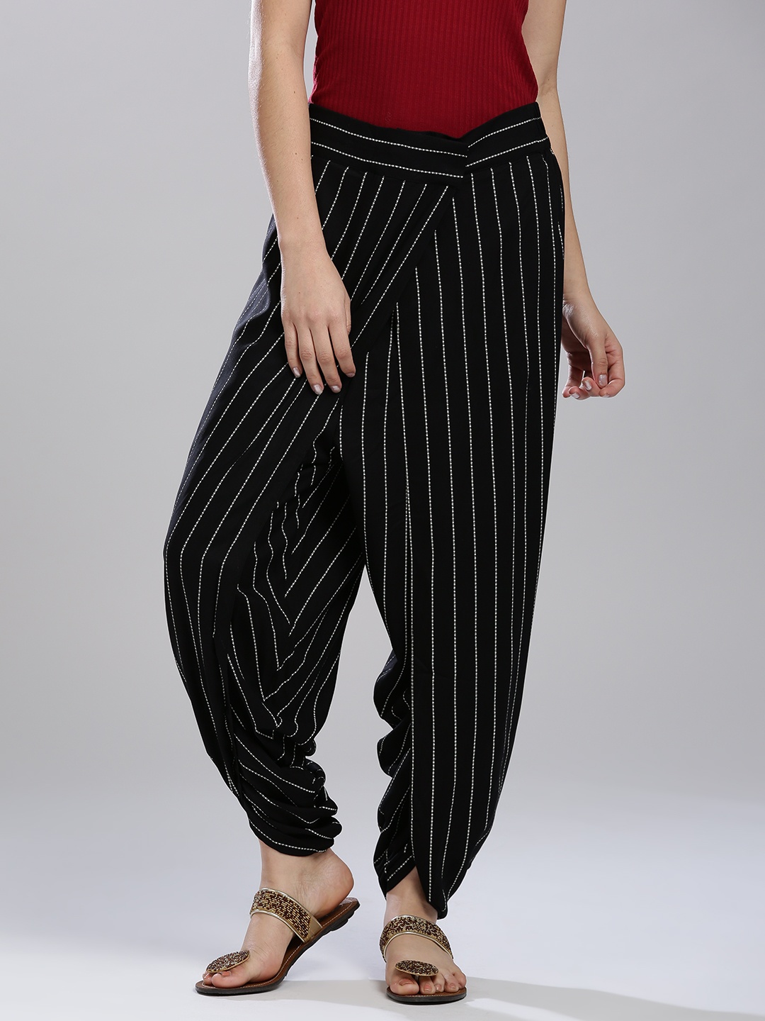 

W Women Black Striped Dhoti Pants