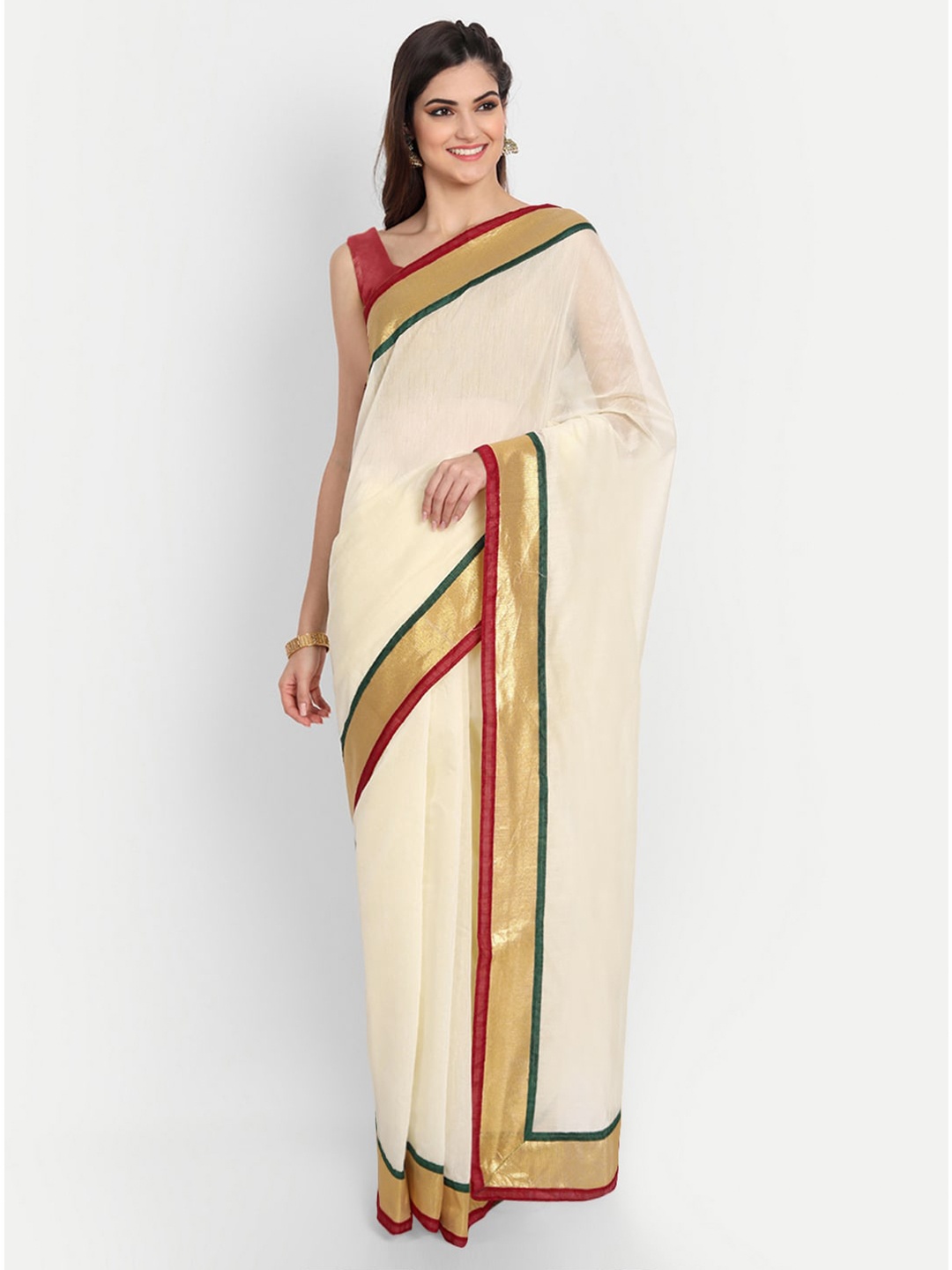 

BAPS Zari Pure Cotton Chanderi Saree, White