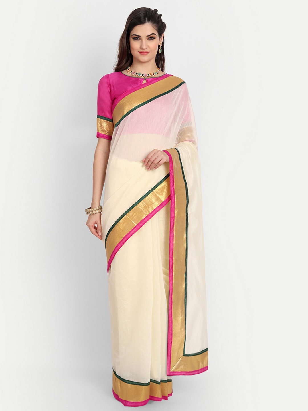 

BAPS Zari Pure Cotton Chanderi Saree, White