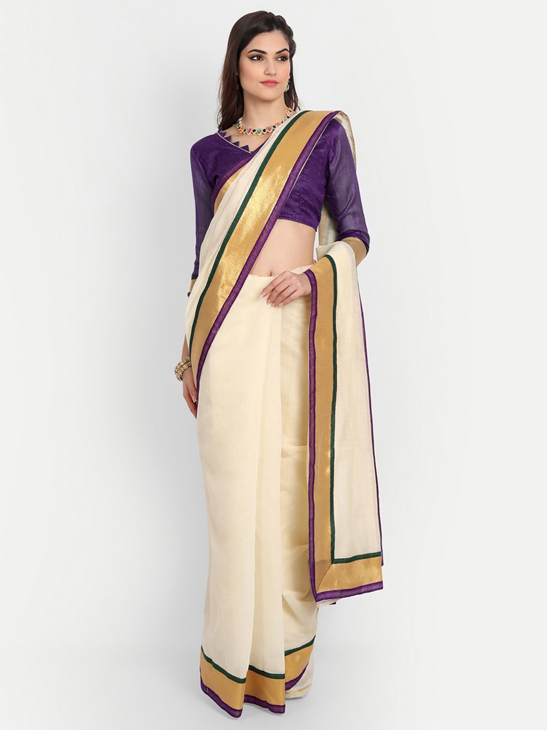 

BAPS Zari Pure Cotton Chanderi Saree, Cream