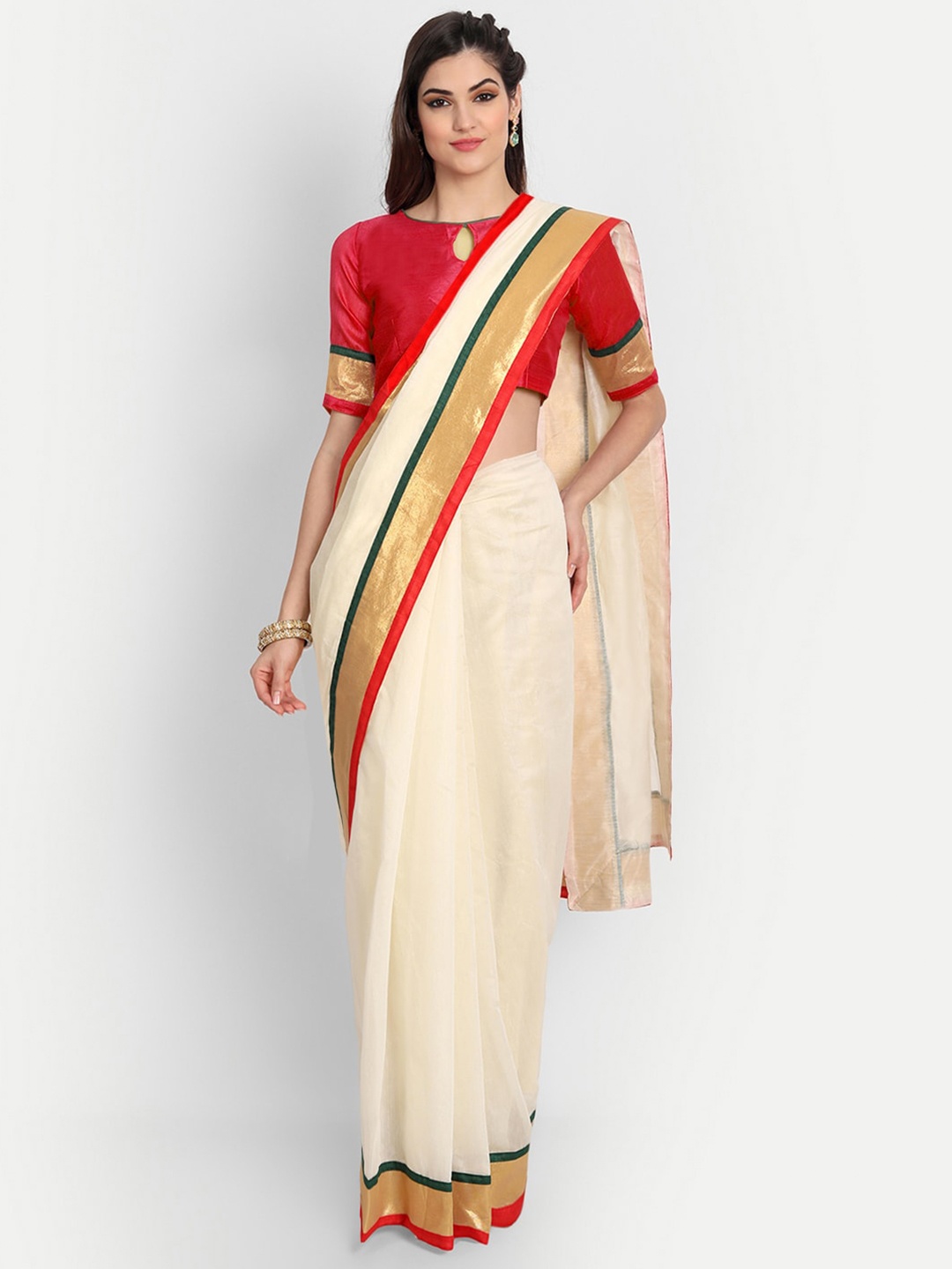 

BAPS Zari Pure Cotton Chanderi Saree, White