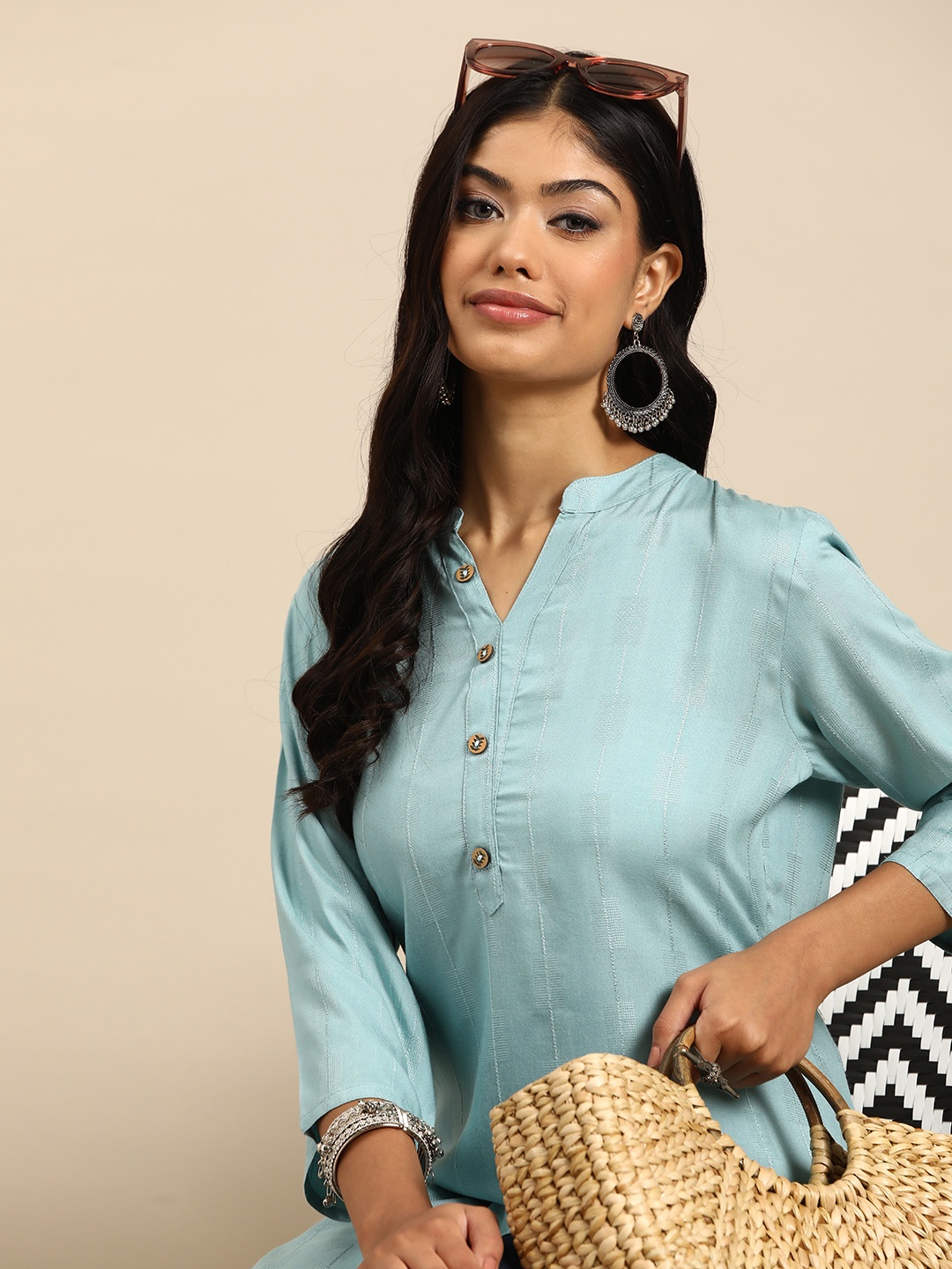 

Sangria Woven Design Mandarin Collar Straight Kurti, Blue
