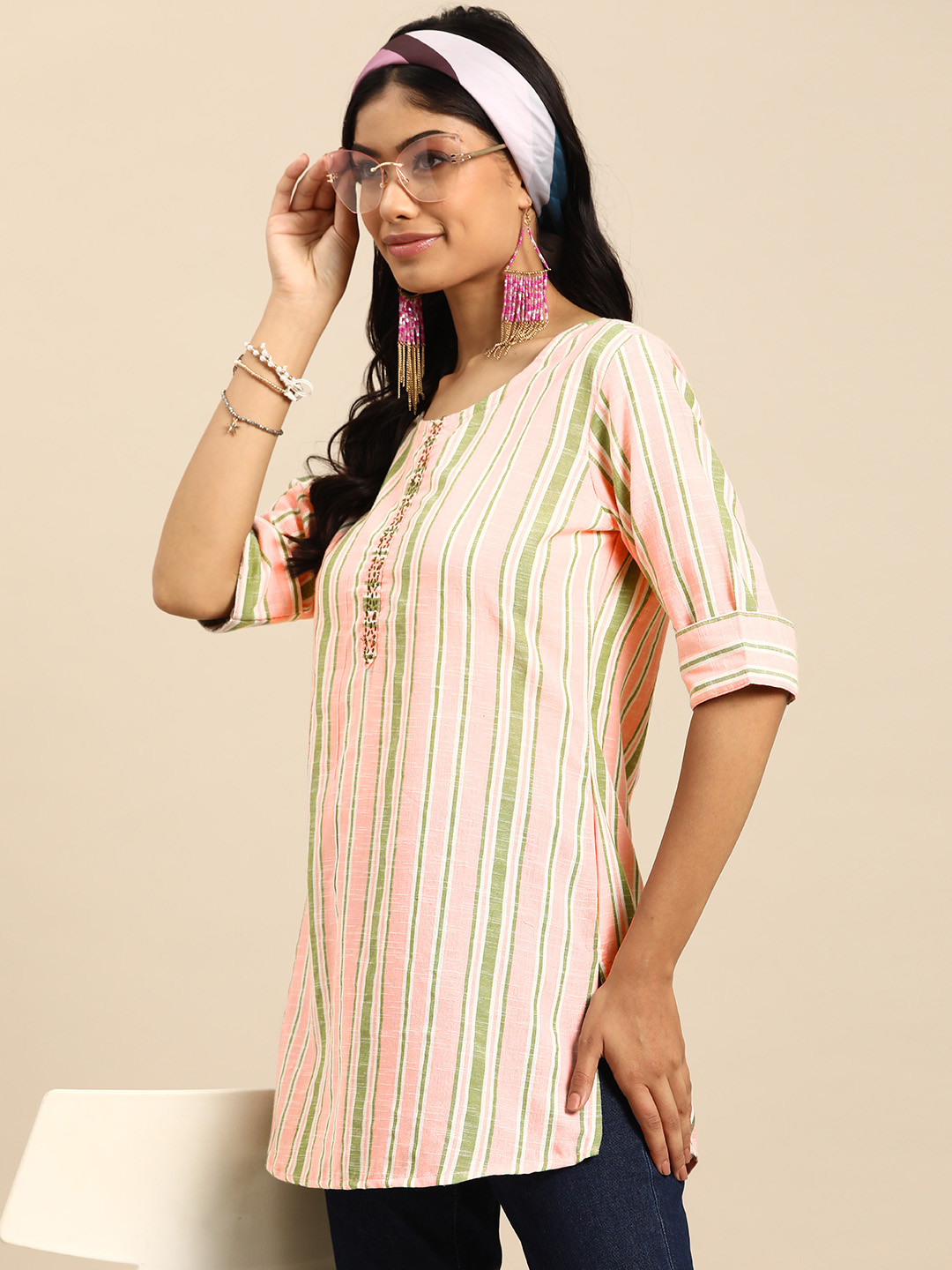 

Sangria Striped Pure Cotton Sequinned Kurti, Pink
