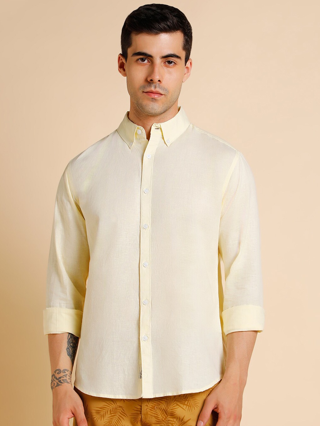 

Dennis Lingo Slim Fit Button-Down Collar Cotton Linen Casual Shirt, Yellow